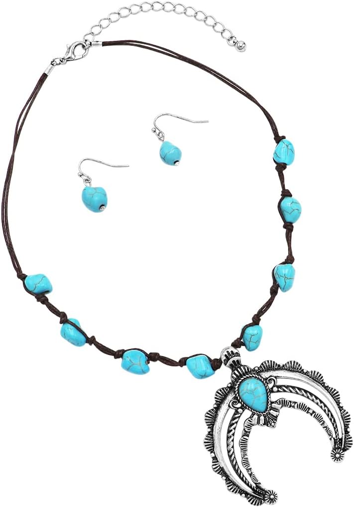 Rosemarie & Jubalee Women's Western Style Statement Squash Blossom Pendant With Turquoise Stone And Vegan Suede Necklace Earrings Set, 18"+3" Extender - Image 3