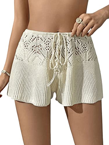Verdusa Women's Hollow Out Crochet Beach Cover Up Knit Loose Wide Leg Shorts Beige L