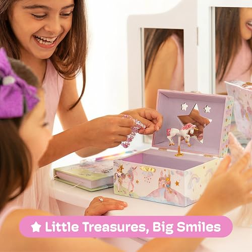 Image of Jewelkeeper Girl's Musical Jewelry Storage Box with Spinning Unicorn, Glitter Rainbow and Stars Design, The Beautiful Dreamer Tune