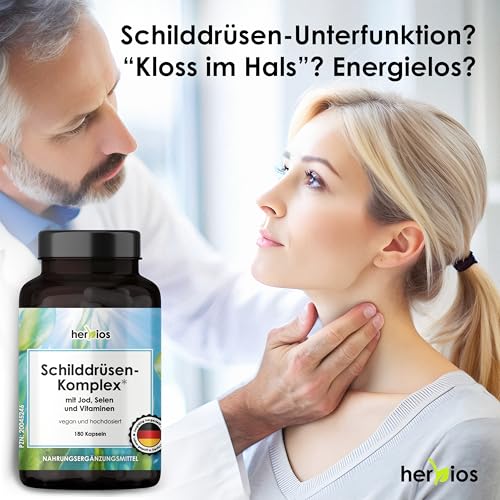 HERBIOS Jod-Selen Komplex –180 Schilddrüsen-Kapseln für 6 Monate – hochdosiert mit L-Tyrosin, Eisen, B-Vitaminen & Folsäure – Natürlich, Vegan & Laborgeprüft