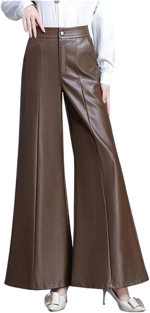 Women Autumn Winter Slim Patchwork Slightly Flared Warm Pants High Waist Big Swing Wide Leg Pu Leather Pants