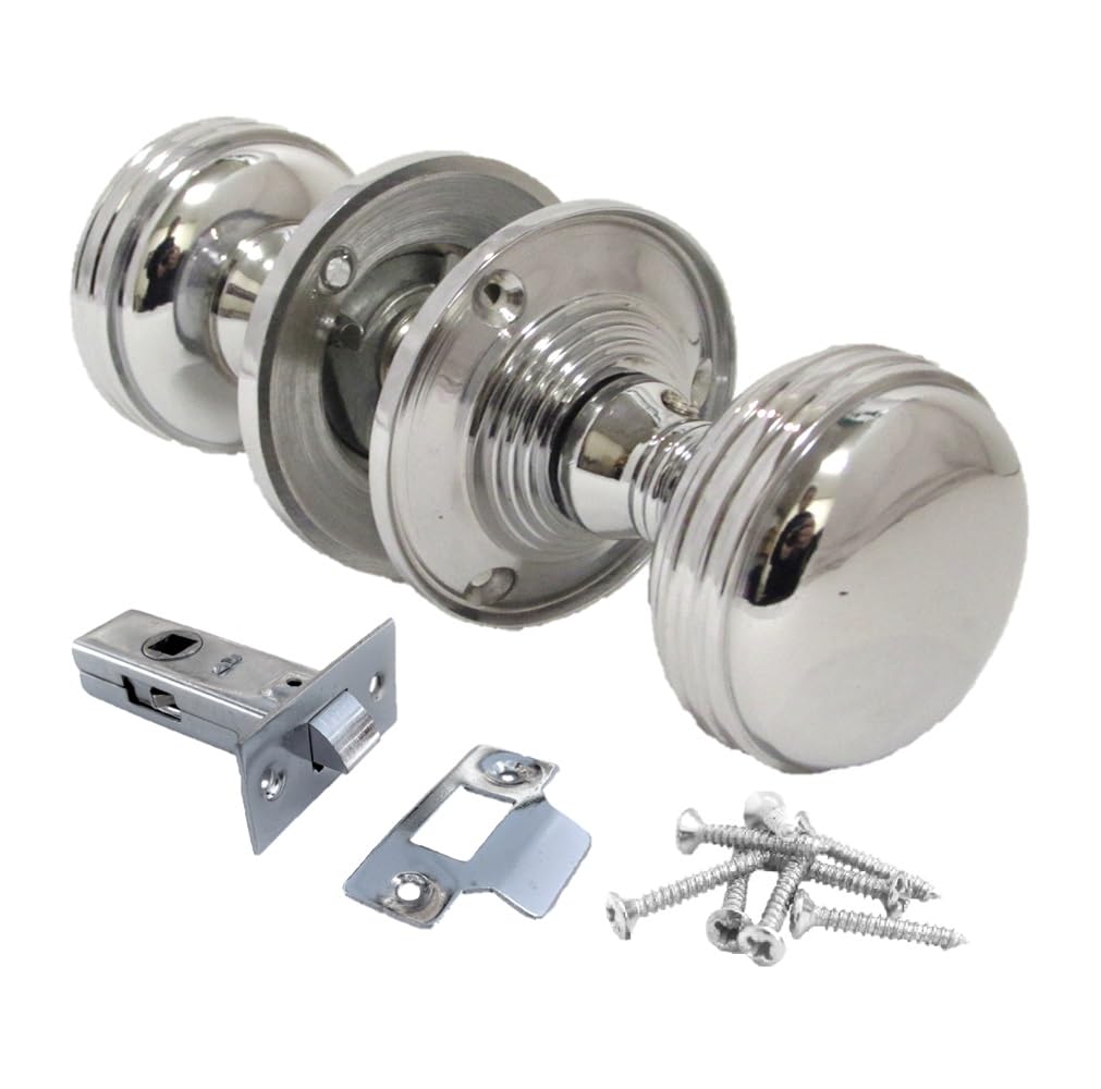 Epsom Door Handle Chrome Polished Round Door Knob Set with Tubular Latch – Heavy Reeded Style Sprung Door Knobs for Internal and External Doors. (Pair of Handles + Tubular Latch)