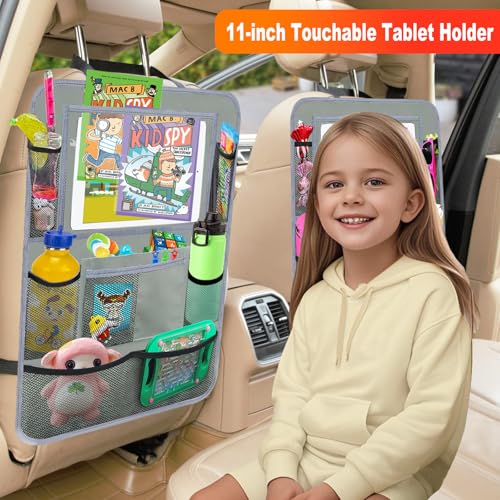 Image of Car Backseat Organizer ,2 Pack Car Organizer Back Seat with 11 inch Tablet Holder, 10 Storage Pockets Seat Back Protectors Kick Mats for Kids Toddlers, Travel Accessories (Grey)