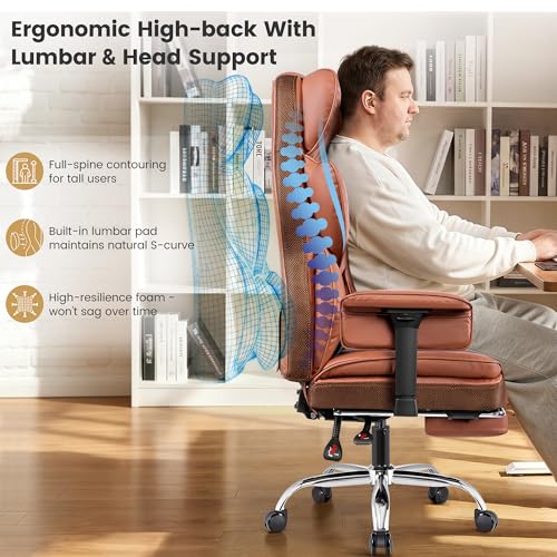 Image of Big & Tall Executive Office Chair, 400 LBS Computer Desk Chair | 23.6 inch Extra-Wide Seat with Footrest, Ergonomic High Back with Lumbar Support, 3.2 inch Adjustable Arms, Brown PU Leather, 2 Pack