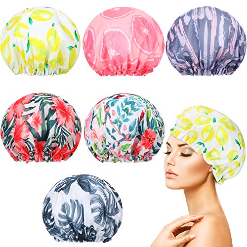 6 Pieces Shower Caps Double Layers Waterproof Bath Cap Reusable Adjustable Bathing Shower Hat for Women Girls
