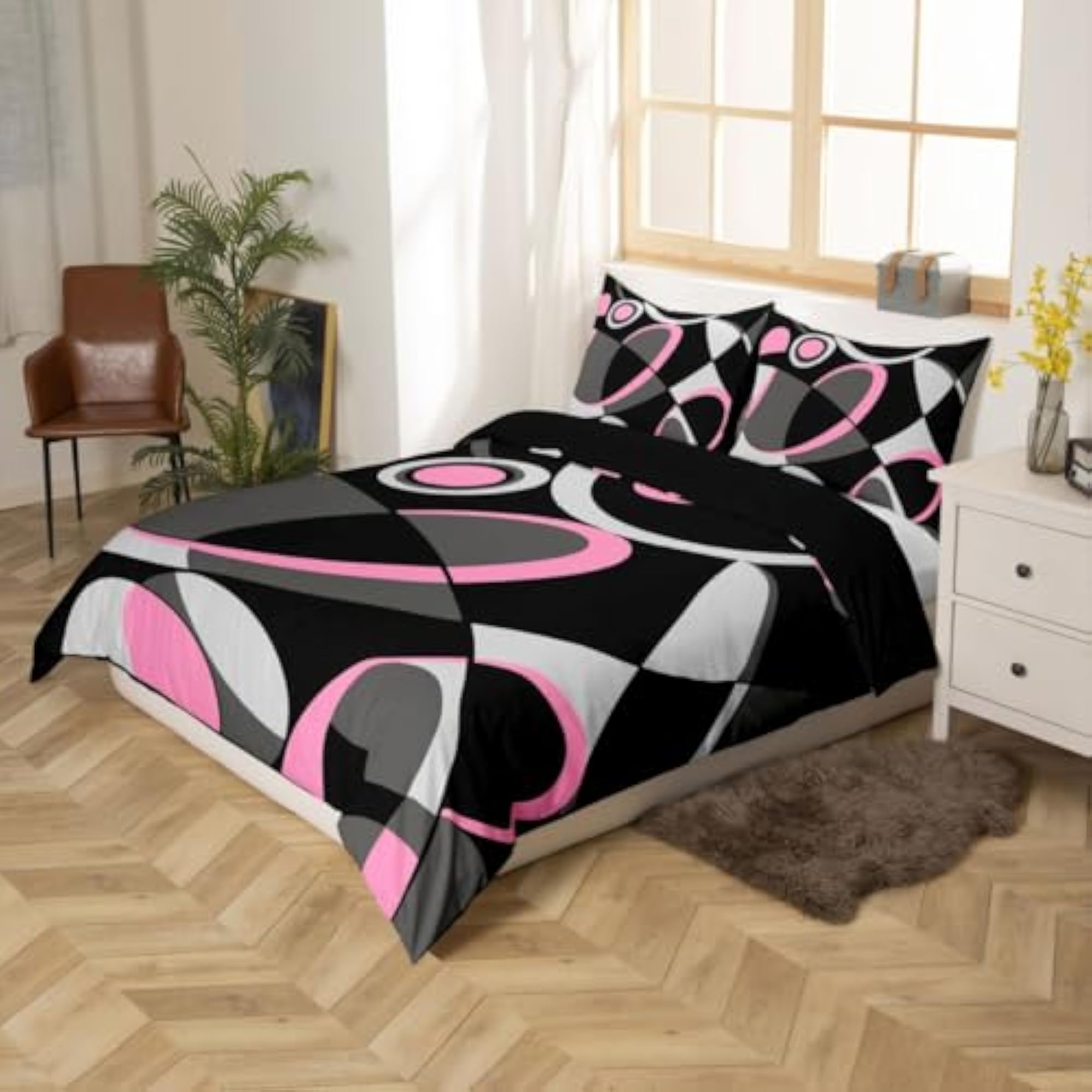 Pink Grey and Black Comforter Cover Bedding Set, Modern Abstract Art