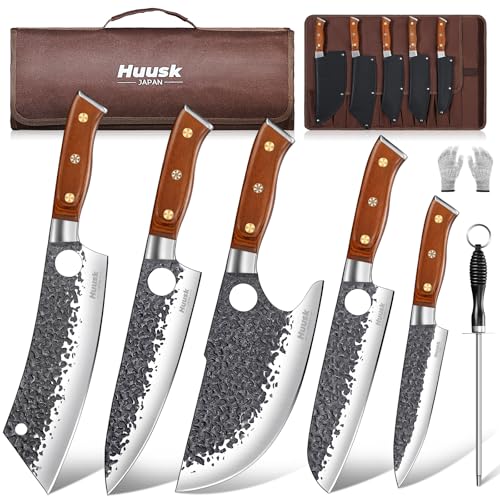 Image of Huusk Butcher Knives for Meat, Hand Forged Carbon Steel Viking Kitchen Knife Set with Roll Bag, Meat Cleaver Chef Knife Sets for Cooking Camping BBQ, Gift for Men Husband
