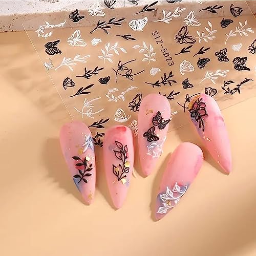 6Pcs Flower Nail Art Stickers Decals 5D Engraved Butterfly Rose Leaf Sliders White Black Nail Rose Nail Art Supplies Designs For Nail Art Decoration (Rose&Leaf) #TOP6
