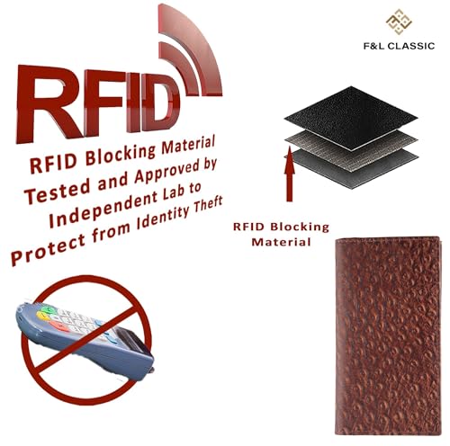 Image of F&L CLASSIC Men's RFID Vintage Look Genuine Leather Long Bifold Wallet Checkbook Wallets,ostrich print brown,240-51