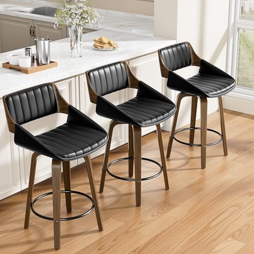 Image of YaFiti Bar Stools Set of 2, 26 inch Swivel Counter Height Barstools with Bentwood Back and Legs, Mid Century Modern Upholstered Faux Leather Counter Stools for Kitchen Island, Bar, Dining Room, Black