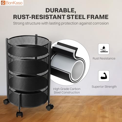 Image of BonKaso 4-Layer Round Multipurpose Kitchen Trolley with Swivel Storage Basket & 360 Rotating Wheels, Black Steel Frame, Easy Mobility, Space-Saving and Durable