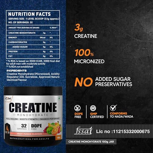 Image of Asitis Nutrition Atom Creatine Monohydrate Powder 100 grams - 32 Servings, Fruit Punch, Dope Free, Enhances Performance, Promotes Muscle Gains
