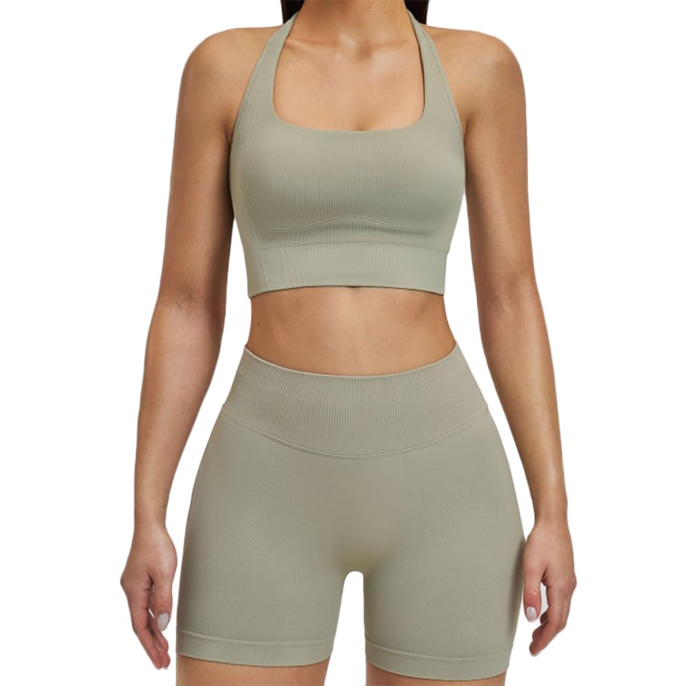 XYFfybhsd Women's Breathable Compression Elastic High Waist Slimming Seamless Sports Bra Shorts Set(Size:M,Color:Green)