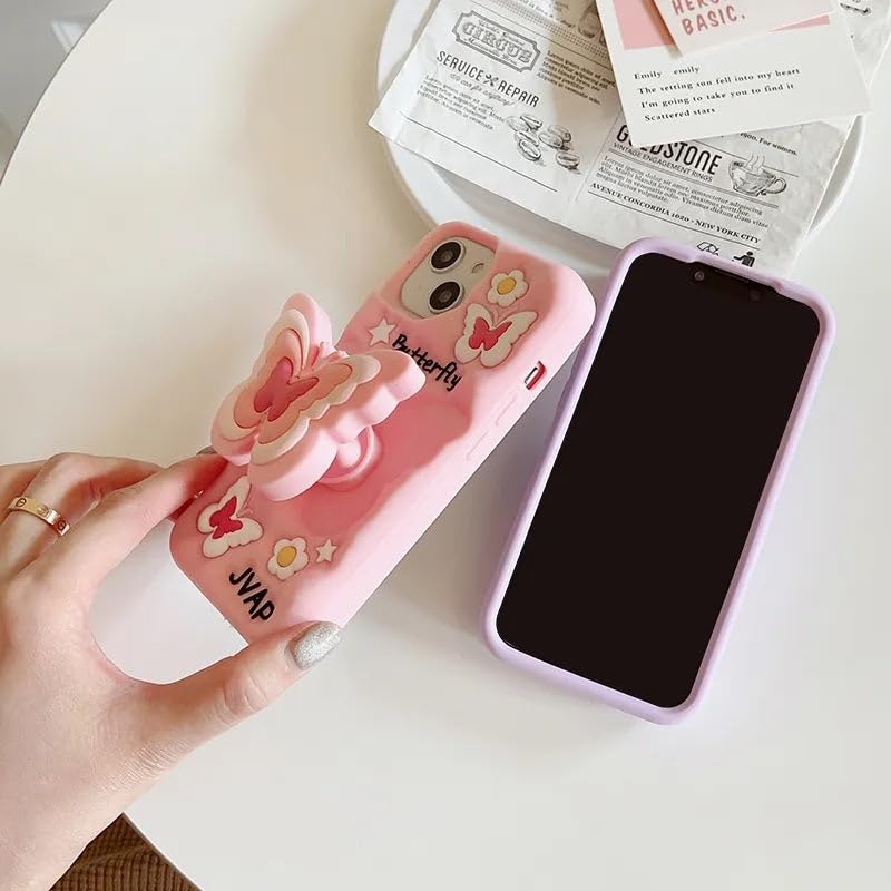 Image of COVERLY for iPhone 12 Pro 3D Butterfly Cartoon Pop Case,Premium Silicone Case Love Pastel Pink Color with Phone Holder Cool Full Protective Cute Kawaii Aesthetic Cover for Apple iPhone 12 Pro