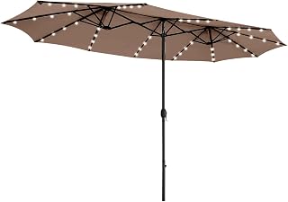 OKSTENCK 15 Ft Double-Sided Rectangular Parasol with Solar 48 LED Lights, Water Resistant Beach Parasol Umbrella Double-headed Table Parasol Umbrella Patio Outdoor Parasol with 12 Sturdy Ribs for Garden Pool Deck Porch Yard (Khaki)