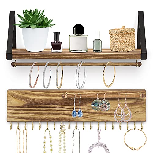 Rustic Hanging Jewelry Organizer Wall Mounted, Set of 2 Pine Wood Wall Jewelry Holder Display for Necklaces Bracelet Earrings Ring with 19 Necklace Holders