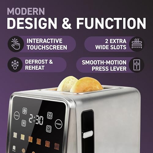 Image of Inspirex Touch Screen Toaster - 2 Slice Extra-Wide Slots - 5 Bread Type and 6 Browning Levels - Defrost, Reheat, Favorite, Single Slot Settings - Stainless Steel