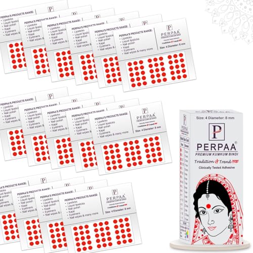 Image of PERPAA Kumkum Velvet Round Sticker Bindi Box of 15 Flaps for Ladies Women Forehead Bindi (Stick On) (Size 4, Diameter 8mm, Red)
