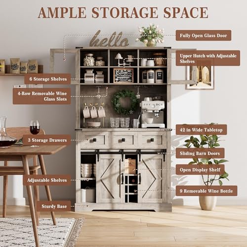 72" Farmhouse Bar Cabinet with Sliding Barn Door, Tall Kitchen Buffet with Storage Hutch and 3 Drawer, Rustic Coffee Wine Bar Sideboard with Wine & Glasses Rack, for Living Room, Washed Grey