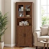 BonVache Eckschrank, hoher schmaler Badezimmerschrank mit 2 Türen und 5 Ablageflächen, Aufbewahrungsschrank für Küche, Schlafzimmer, Wohnzimmer, 170 cm Eckregal, Braun