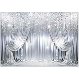 ZTHMOE Fabric 7x5ft Silver Glitter Photography Backdrop Flash Spots Crystal Tassel Beaded Curtain Disco Background Birthday Wedding Holiday Party Decorations Photo Props
