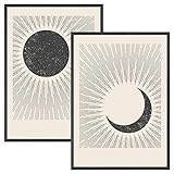 JUNOMI® Sonne und Mond Poster DIN A2, Boho Deko, Minimalistisch, Yoga Zubehör, perfekte Yoga Geschenkidee | mit Rahmen Schwarz