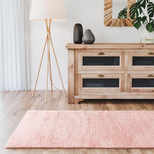 Interiyou Hochflorteppich Fargo - 60x120 cm Rosa - Flauschiger Fellteppich aus Kunstfell - waschbar...