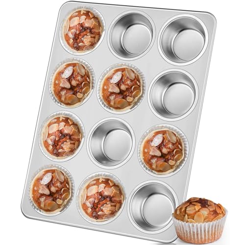 Leonyo Non-Toxic Stainless Steel Muffin Pan Metal Cupcake Pan 12 Cup