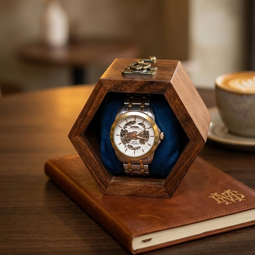 Image of Wooden Watch Box /Case, Handmade Hexagonal Shape, Gift For Men /Women, Watch Collection Box Case, Watch Storage Box, Watch Box Organizer Display, (Pack Of 1, Golden Brown)