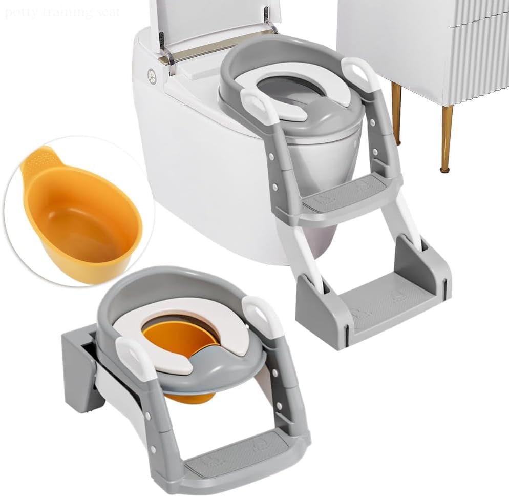 Baby Potty Seat 3-in-1 Toilet Potty Training Seat Toddlers Potty Training Toilet Seat Boys Girls Kids Potty Training Seat Step Stool Ladder Potty Chair with Anti-Slip Pads (Gray)