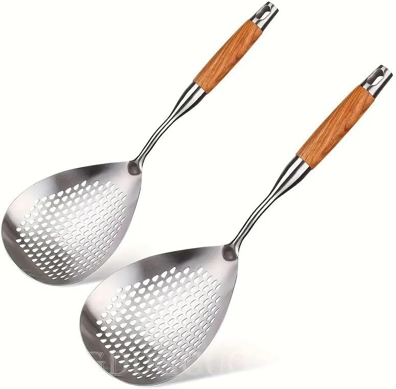 2pcs Stainless Steel Slotted Spoons - Large Ladles with Wooden Handles - Perfect for Scooping Noodles, Vegetables, Fried Foods, And Beans