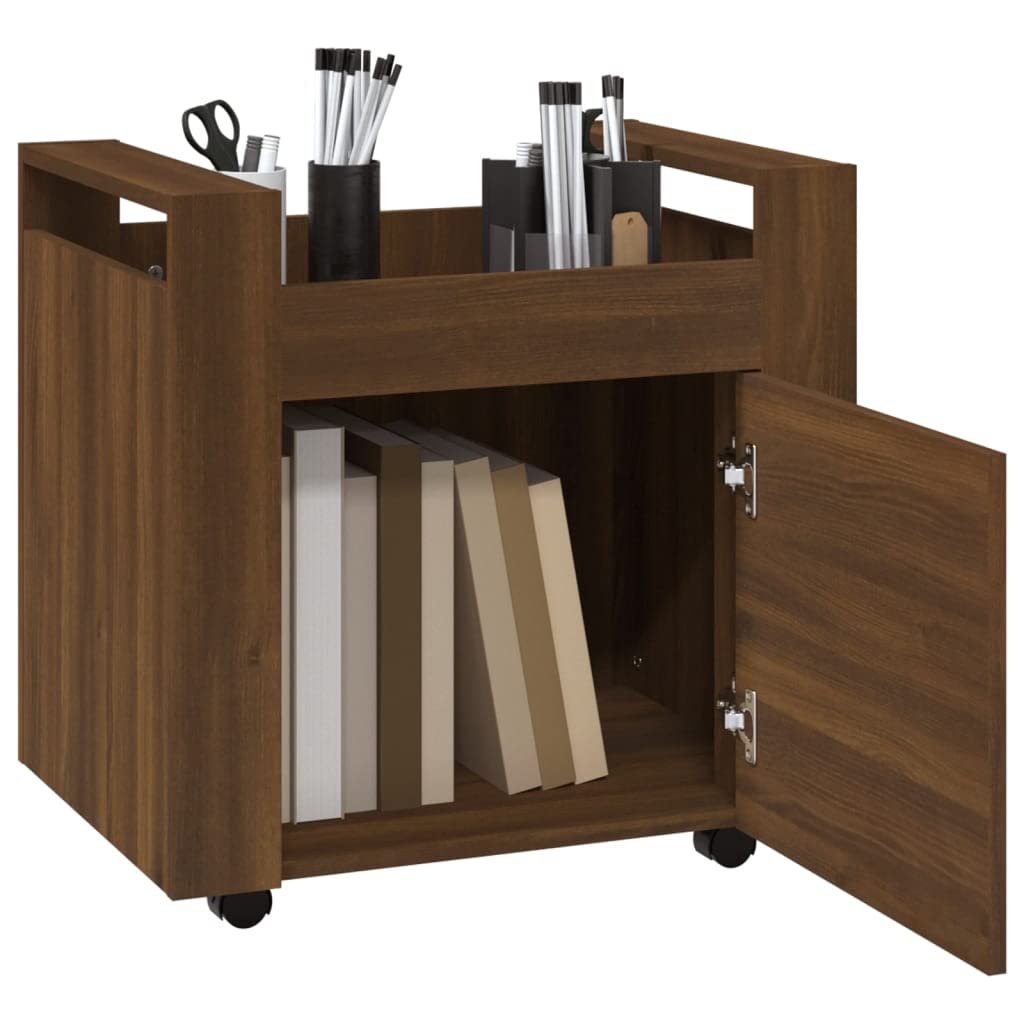 Carro de oficina genérico con puerta, 60 x 45 x 60 cm, madera de ingeniería roble marrón, almacenamiento bajo escritorio sobre ruedas, 4 ruedas móviles para organizar suministros y documentos