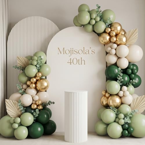 Image of RUBFAC 135pcs Dusty Green Balloons Different Sizes Pack of 18 12 10 5 Inch, Latex Boho Sage Green Balloon Garland Arch Kit for Wedding Dinosaur Jungle Safari Birthday Party Decorations
