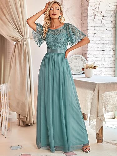 Image of Ever-Pretty Sequin Formal Prom Dresses for Women Ruffle Sleeves Empire Waist A-Line Long Mother of Bride Dress 00904