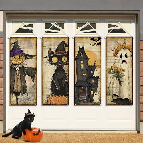 Retro Halloween Decorations 4PCS Vintage Hanging Banner Scarecrow Black Cat Castle Ghosts Decor for Outdoor Indoor Wall Art Porch Sign Backdrop for Haunted Mansion Halloween Decorations