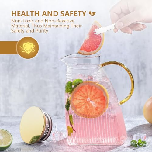 Brocca per acqua, caraffa in vetro con coperchio in acciaio inox, a prova di perdite, trasparente, per bevande calde o fredde (1,8 l/63 oz.) - immagine 6