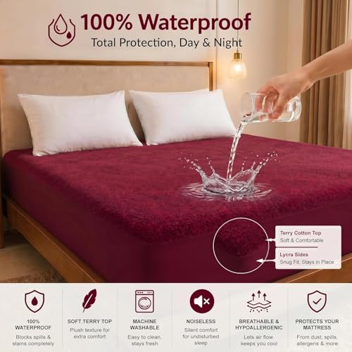 Image of Cotton Feel Terry 78x72 inch Ultra Soft Waterproof Mattress Protector King Size | Breathable Hypoallergenic Mattresses Cover for King Size Bed (Maroon)