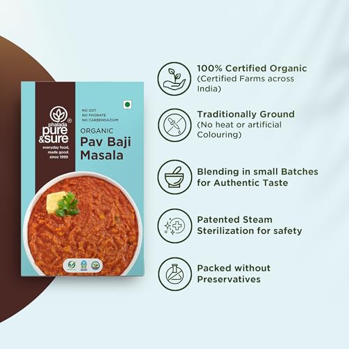 Image of Pure & Sure Organic Pav Bhaji Masala Powder 200G | Delicious & Aromatic Pao Bhaji Masala Mix with Natual Oils | Instant Ready to Use | No Artificial Flavorful & No Colour (100g X pack of 2)