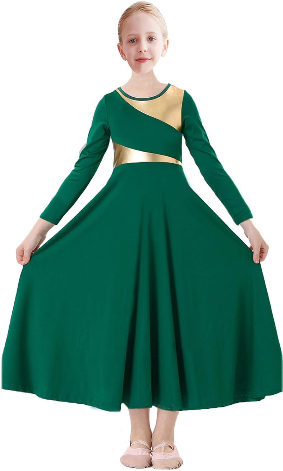 ORIDOOR Girls Praise Dance Dress Metallic Gold Liturgical Worship Church Robe Full Length Swing Lyrical Costume
