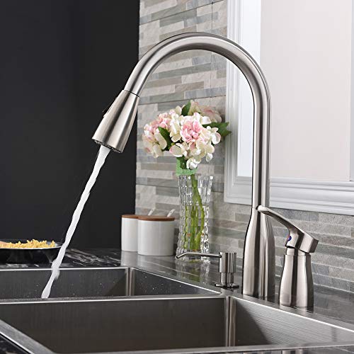 Hotis 3 Hole Pull Out Prep Sprayer Stainless Steel Single Handle Pull Down Kitchen Faucet, Sink Faucet Brushed Nickel Kitchen with Side Single Handle and Soap Dispenser