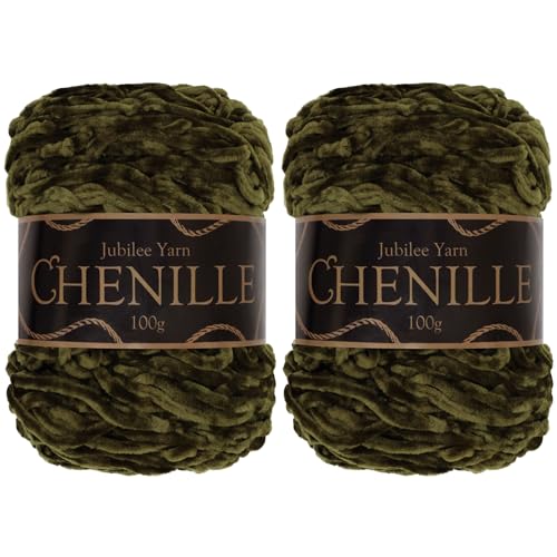 JubileeYarn Chenille Yarn - Worsted Weight - 100g/cake - Olive Oil - 2 Cakes, 025 Olive Oil