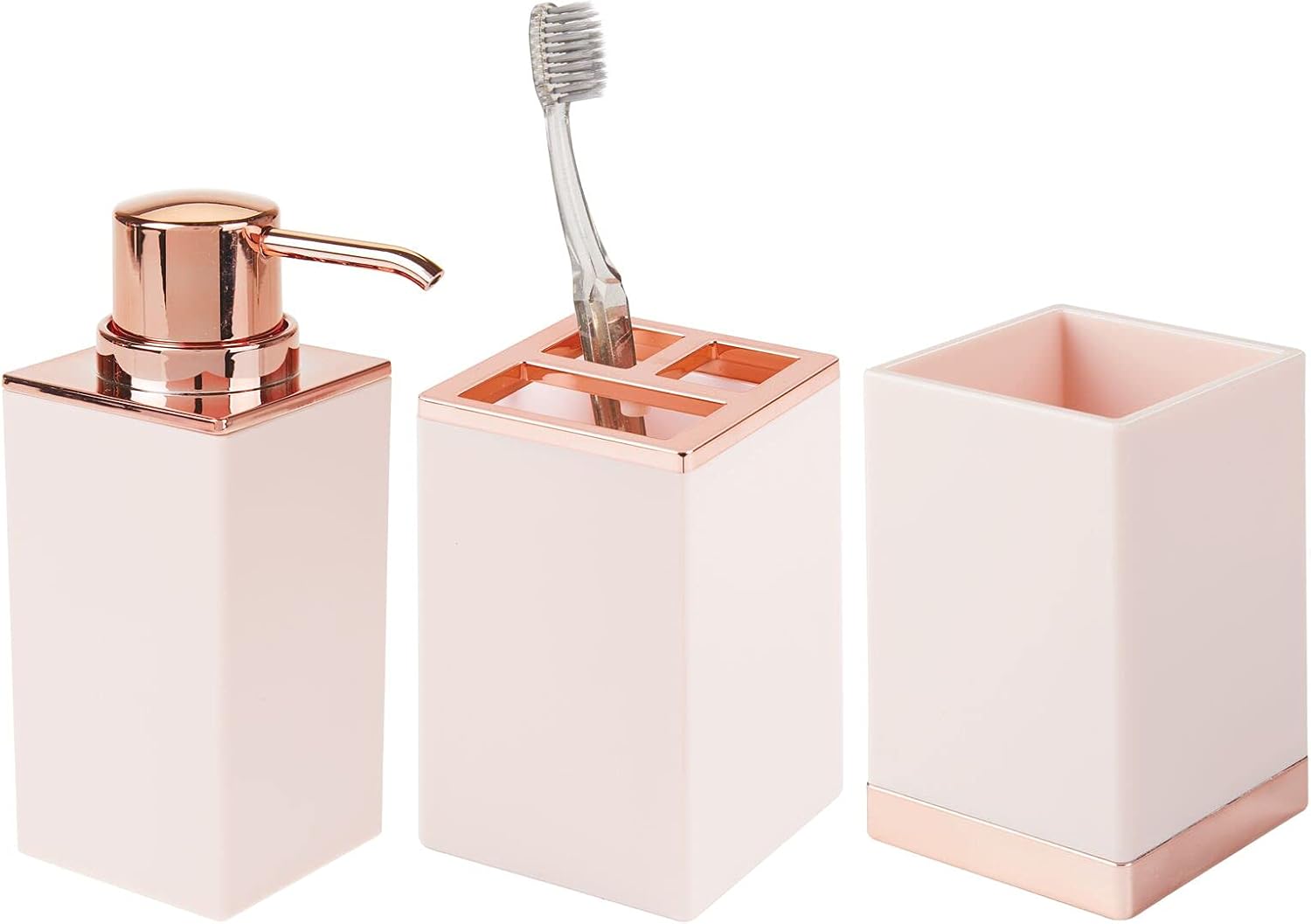 mDesign Square Plastic Bathroom Vanity Countertop Accessory Set - Includes Soap Dispenser Pump, Divided Toothbrush Holder, Tumbler Rinsing Cup - Lumiere Collection - 3 Piece Set - Light Pink/Rose Gold