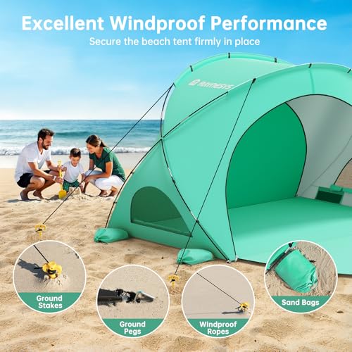 Image of Raynesys Beach Tent Sun Shelter for Sand Camping Fishing, 1-3 Person, Green | Beach Shade Tent with UPF50+ UV Protection, Portable Sun Shelter, Shade Tents with 2 Zippered Doors