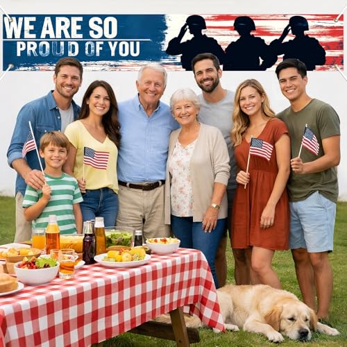 Image of BlissYard 4th of July Banner 118 x 20 Inch We Are So Proud of You Backdrop Patriotic Banner for Outside American Flag Military Banner for Yard Fence Porch Welcome Home Decorations