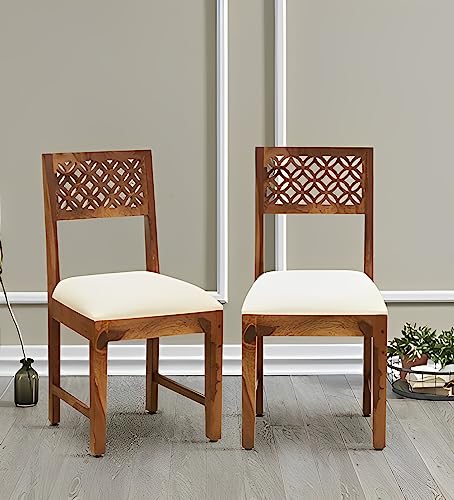 Image of Solid Sheesham Wood Set of Two Dining Chairs for Dining Room | Study Room | Office | Guest Room | Finish Color - Honey Teak Finish |