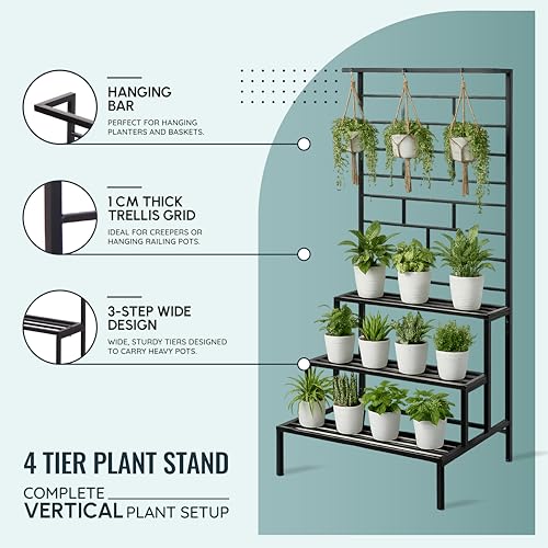 Image of Robustt 4 Tier Metal Plant Stand with Trellis & Hanging Rod | Black | 150 x 29.5 Inches| Heavy Duty, Rust-Resistant Plant Rack for Indoor Living Room & Outdoor Balcony