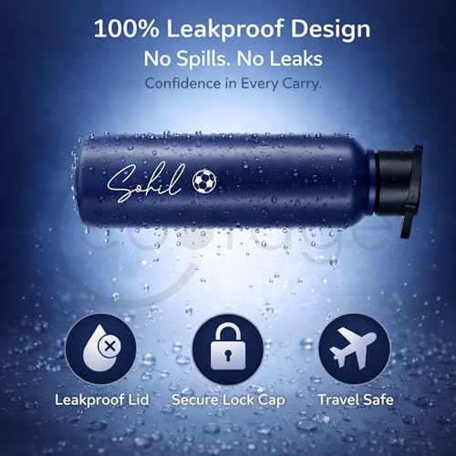 Image of COURAGE Stainless Steel Customize Sipper Water Bottle 1Liter Leak Proof for Fridge Home Office Travel School Kids Boys Girls Adults Sports Gym Yoga - Navy Blue