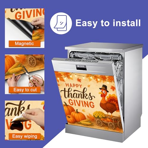 Image of HOMETITUTE Thanksgiving Turkey Dishwasher Magnet Cover 23x26 in Fall Decor Dishwasher Magnet Cover for Kitchen Appliance Decoration Front Panel Sticker Rustic Art Skin Panel Home Decor Decal