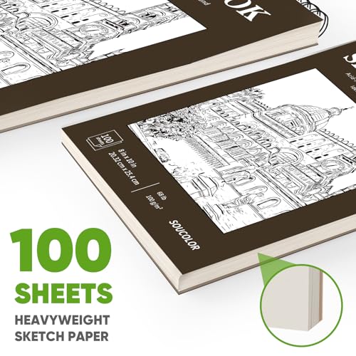 Image of Soucolor 8x10 Sketch Book, 100 Sheets, 68lb Acid-Free Spiral Bound Pad | 68lb acid-free paper, no bleed-through, lay-flat spiral binding - perfect for kids, students & artists. Portable 8x10 size