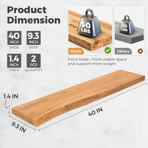 Image of RICHFOCUS Live Edge Elm Floating Shelves - 40 inch W x 9.3 inch D Rustic Solid Wood Wall Shelves with Invisible Bracket, Wall-Mounted for Living Room, Bedroom, Kitchen Storage & Display, Set of 2, Natural